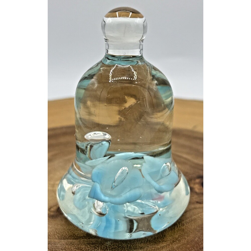 Vintage Joe St Clair Glass Bell Shaped Periwinkle Blue Flowers Paperweight 3.75”